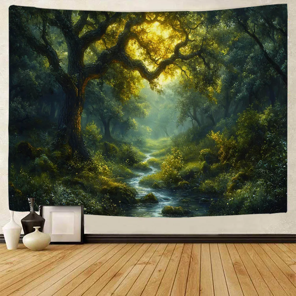 

Natural Forest Tapestry Green Tree Wall Tapestry Bedroom Aesthetics Plants Stream View Tapestry Dormitory Living Room Decoration