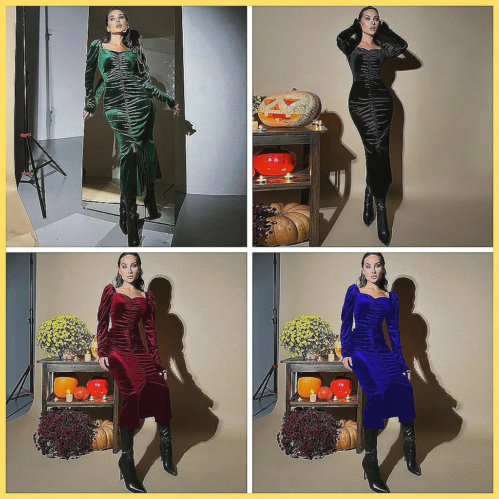 

Autumn Velvet Party Dress V-Neck Long Sleeve with Puff Sleeve & Slit, Elegant Slim Fit