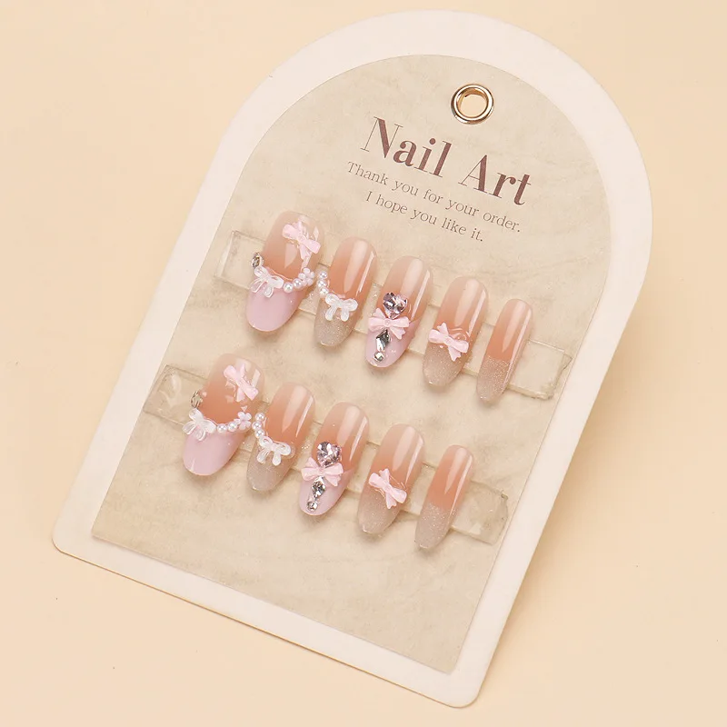 

10 шт. розовые накладные ногти ручной работы с полным покрытием, милый галстук-бабочка со стразами, французский миндаль, накладные ногти, носимые маникюрные типсы, искусство