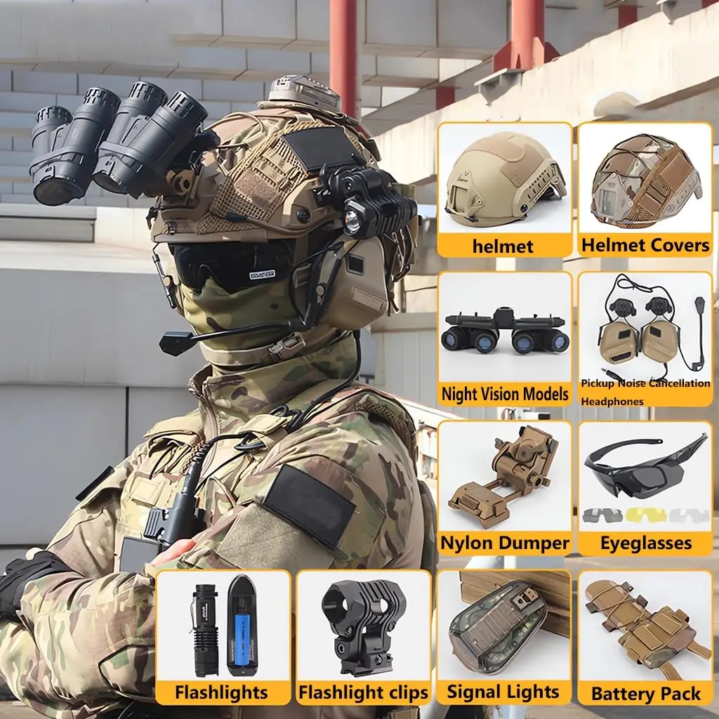 Airsoft FAST Helmet And Tactical Headset Set, Tactical Goggles, Four-Eye NVG Model, L4G24 NVG Mount, Helmet Signal Light Etc