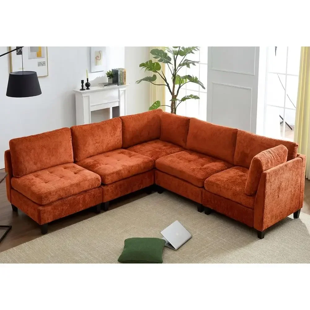 

Oversized Plush 5-Seater Sectional Sofa in Orange Chenille for Living Room