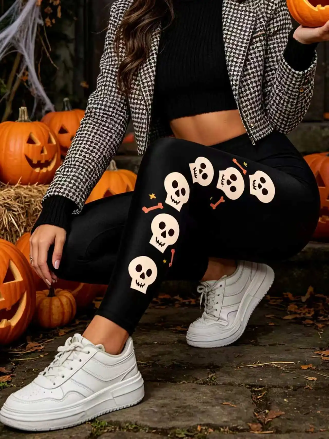 New Style Personalized Skull Pattern Fitted Base Leggings For Exercise Yoga Festival Tight-fitting Nine-inch Pants For Women