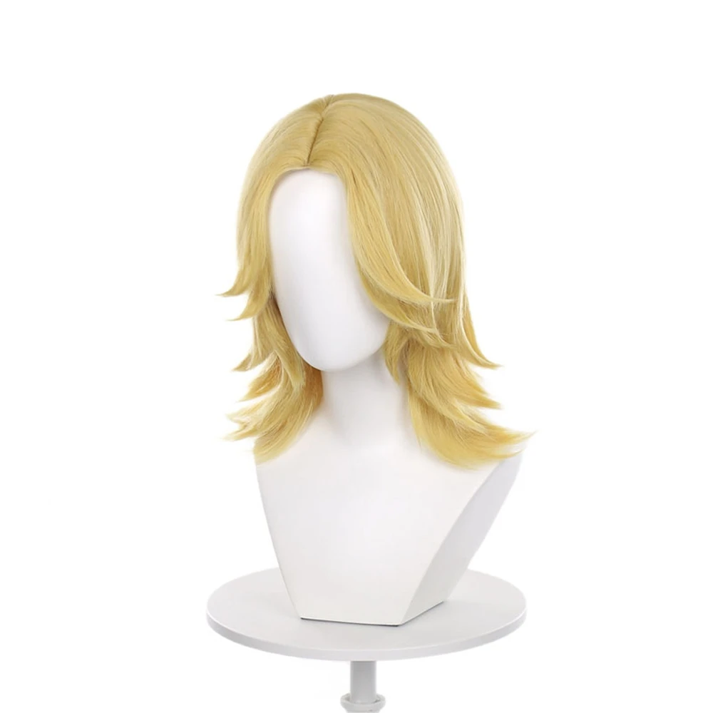Picture 5: Medium Length Light Blonde Synthetic Cosplay Wig for Anime Characters, Straight Style with Slightly Curled Ends