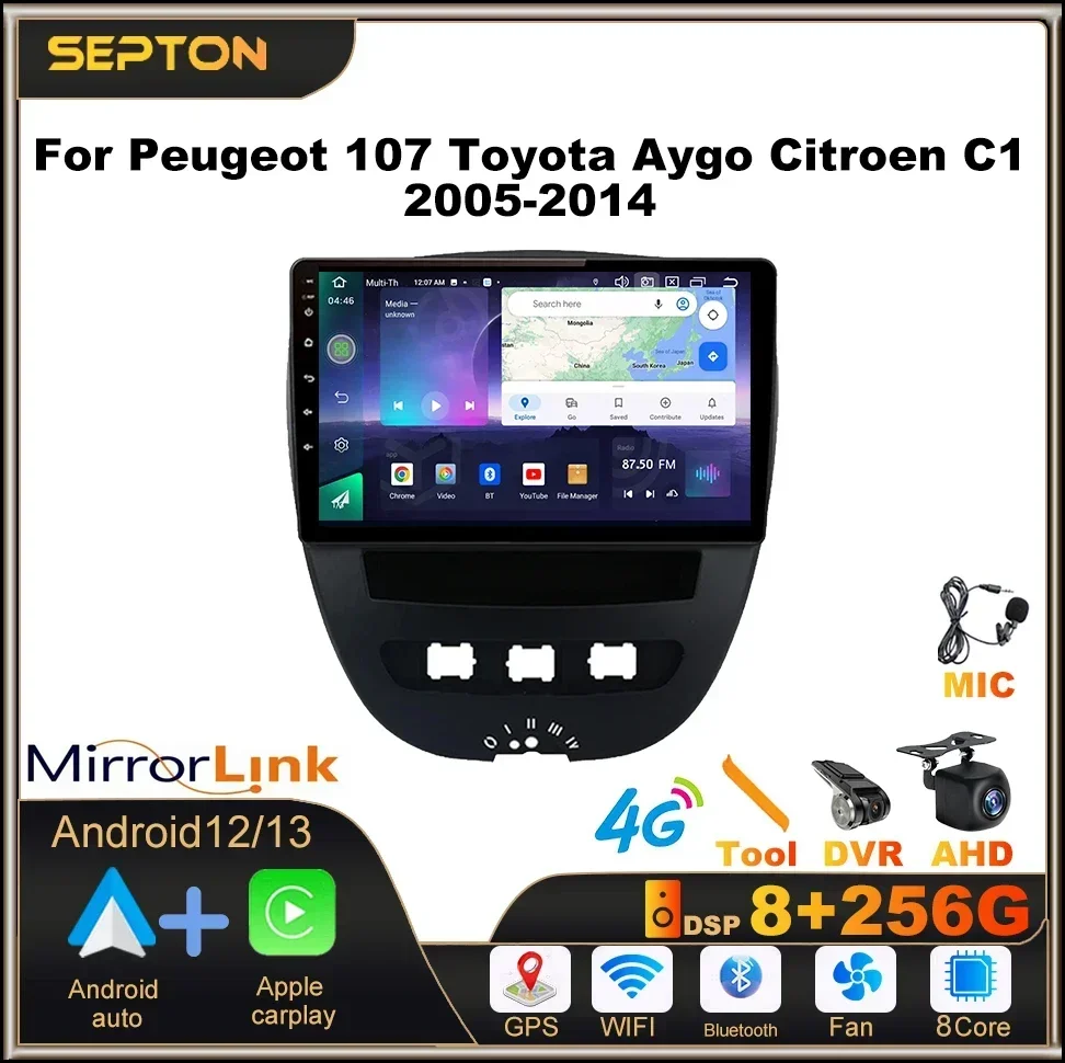 

SEPTON Wifi Carplay Car Radio for Peugeot 107 Citroen C1 Toyota Aygo 2005 - 2014 Multimedia Video Player Android Auto GPS 4G NET