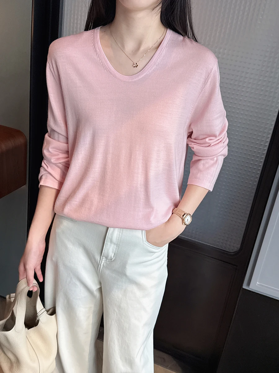 

Ultra-Fine Wool Knitted Sweater V-Neck Base Layer Loose Shoulder Pure Color Lazy U-Neck Knitwear Women's Spring Fashion