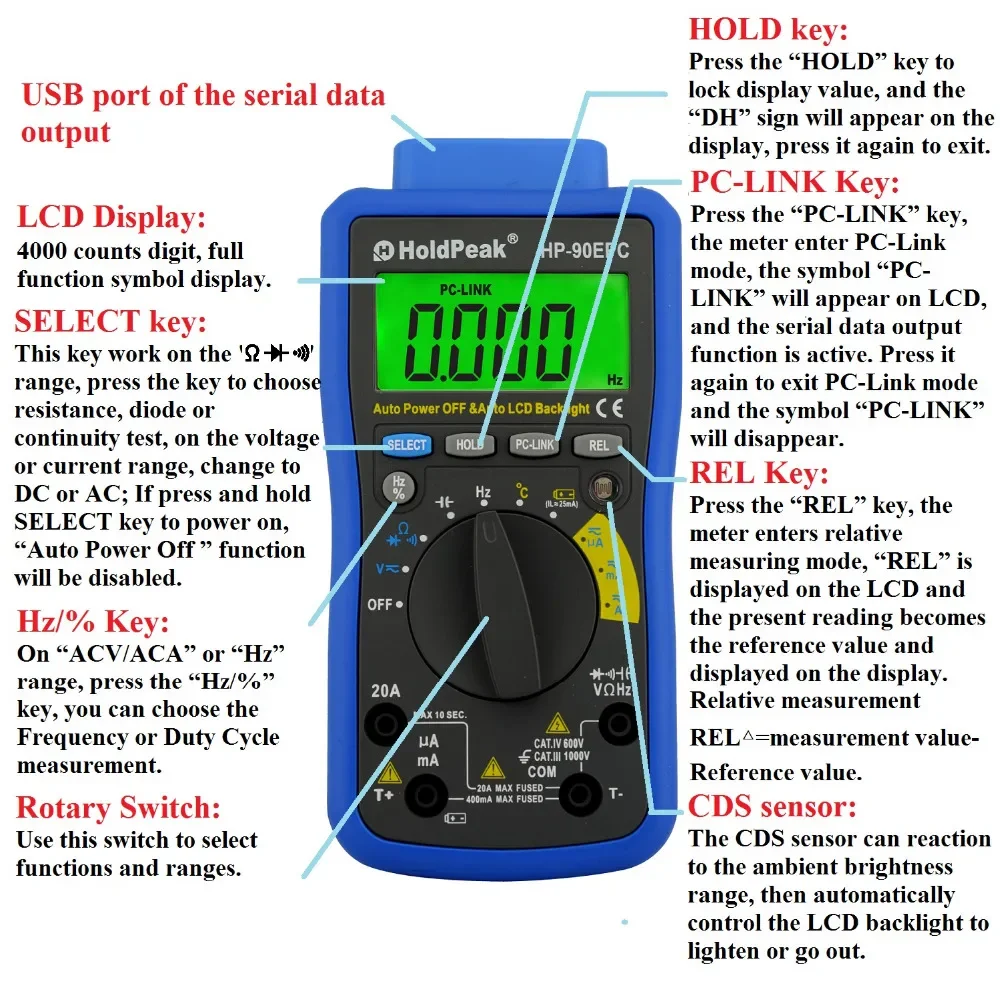 HoldPeak HP-90EPC Multimetro Digital USB Multimeter AC/DC Voltage Current C/F Temperature Tester DMM USB Interface Support PC