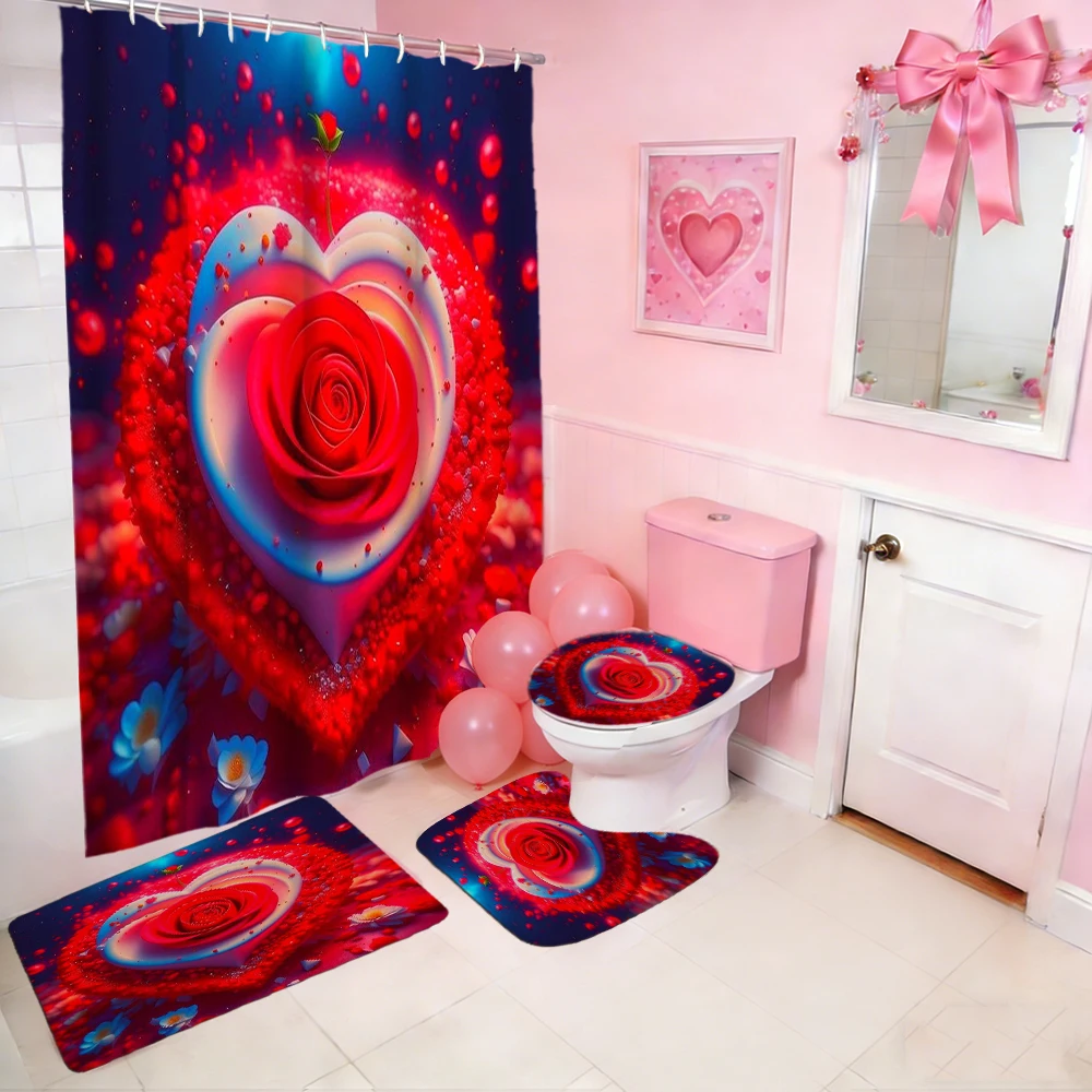 

Занавеска для душа с узором в виде сердца и розы на День святого Валентина, наборы для ванной, водонепроницаемый нескользящий коврик для ванной комнаты, туалет U с 12 крючками, домашний деко