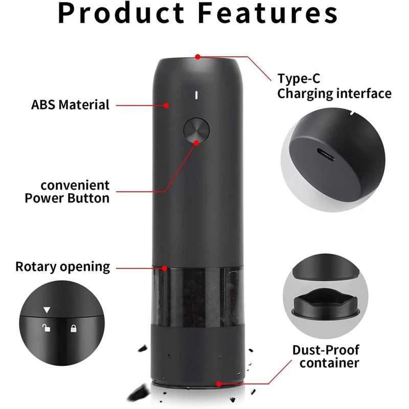 Rechargeable Electric Pepper Grinder, USB Power Supply, Adjustable Thickness, Automatic Operation With One Hand