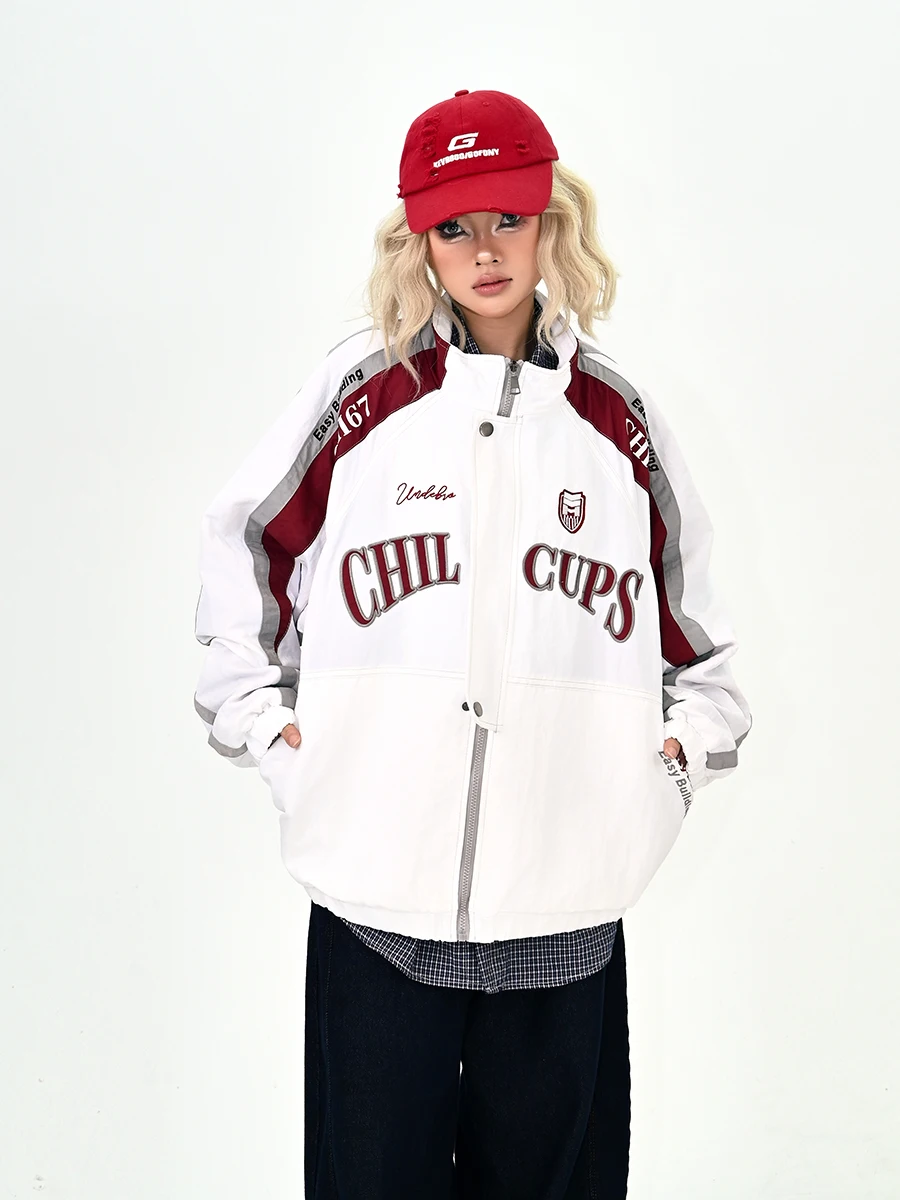 

White Sporty Stand Collar Loose Women's Jacket Troublesome Style Spring 2026 New American Trendy Brand INS Outerwear