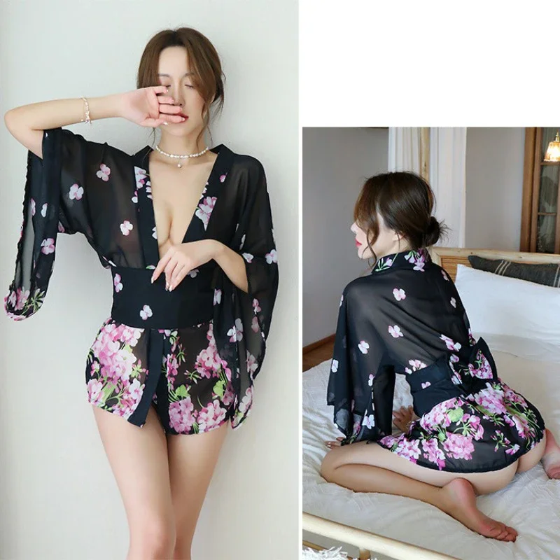 Top Fashion Sexy Women Nightgown Fun Lingerie Night Wears Printing Japanese Kimono Retro Pajama Set Loudspeaker Sleeve Home Wear