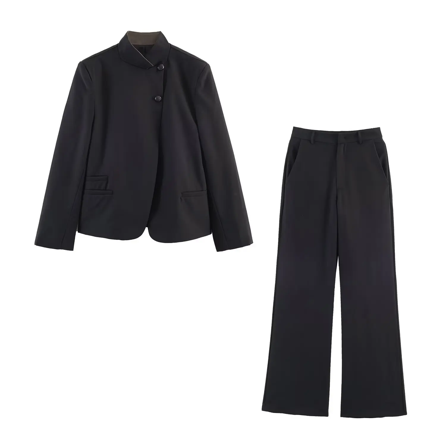 Fashionable High Collar Button Detail Suit Jacket Wide Leg Pants Set Women's Cross-Border Clothing Casual Pure Color Organic ...