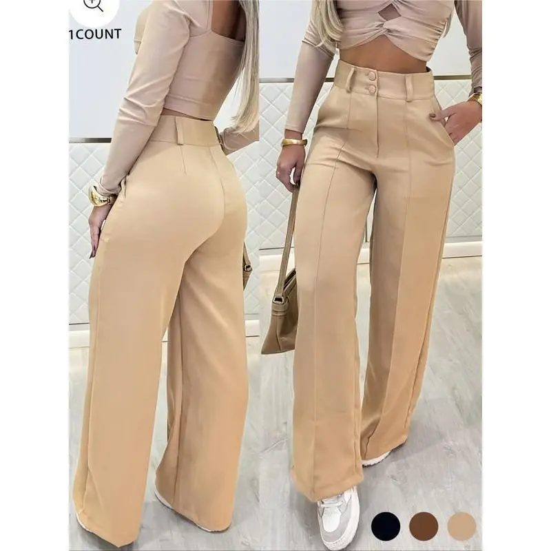 Nouveau style 2026 – Pantalon large taille haute pour femme, coupe droite fluide avec double boutonnage amincissant et cintrant, pantalon de costume uni décontracté pour le travail