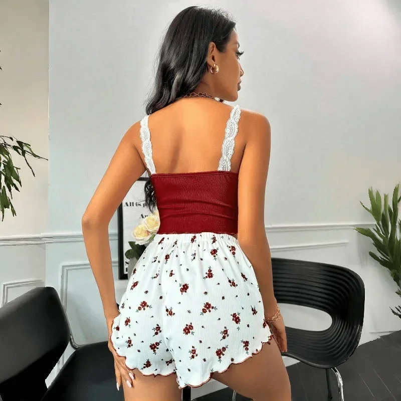 나이트웨어 여성 섹시한 레이스 서스펜더 반바지 세트 편안한 스트레치 민소매 대형 잠옷 멋진 잠옷 2 개/대 인쇄