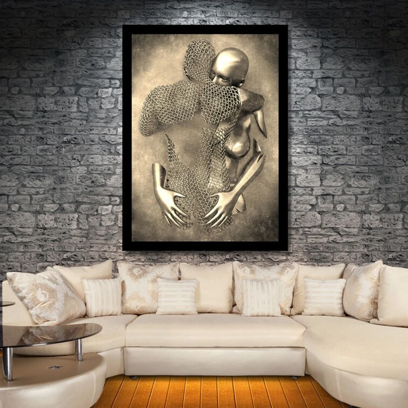 

Metal Figure Statue Poster Abstract Canvas Painting Lovers Sculpture Posters Prints Wall Art Pictures Romantic Room Home Decor