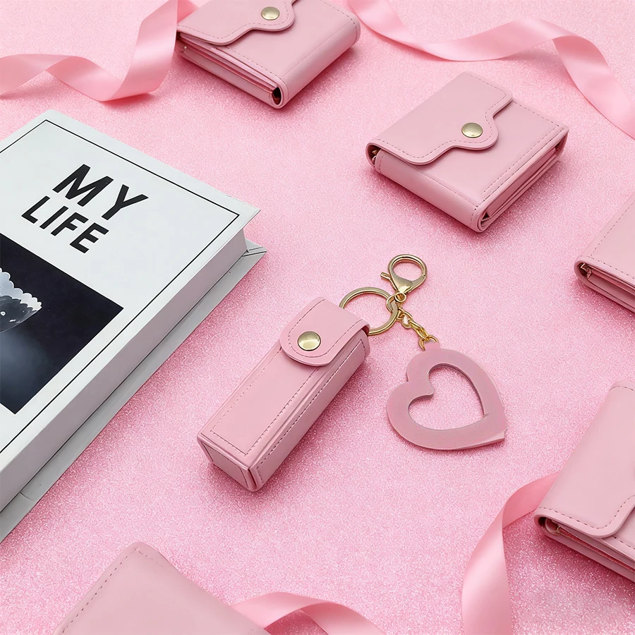 حقيبة أحمر شفاه جلدية محمولة، حقيبة مكياج مع سلسلة مفاتيح مرآة، منظم حماية لبلسم الشفاه لمستحضرات التجميل #3