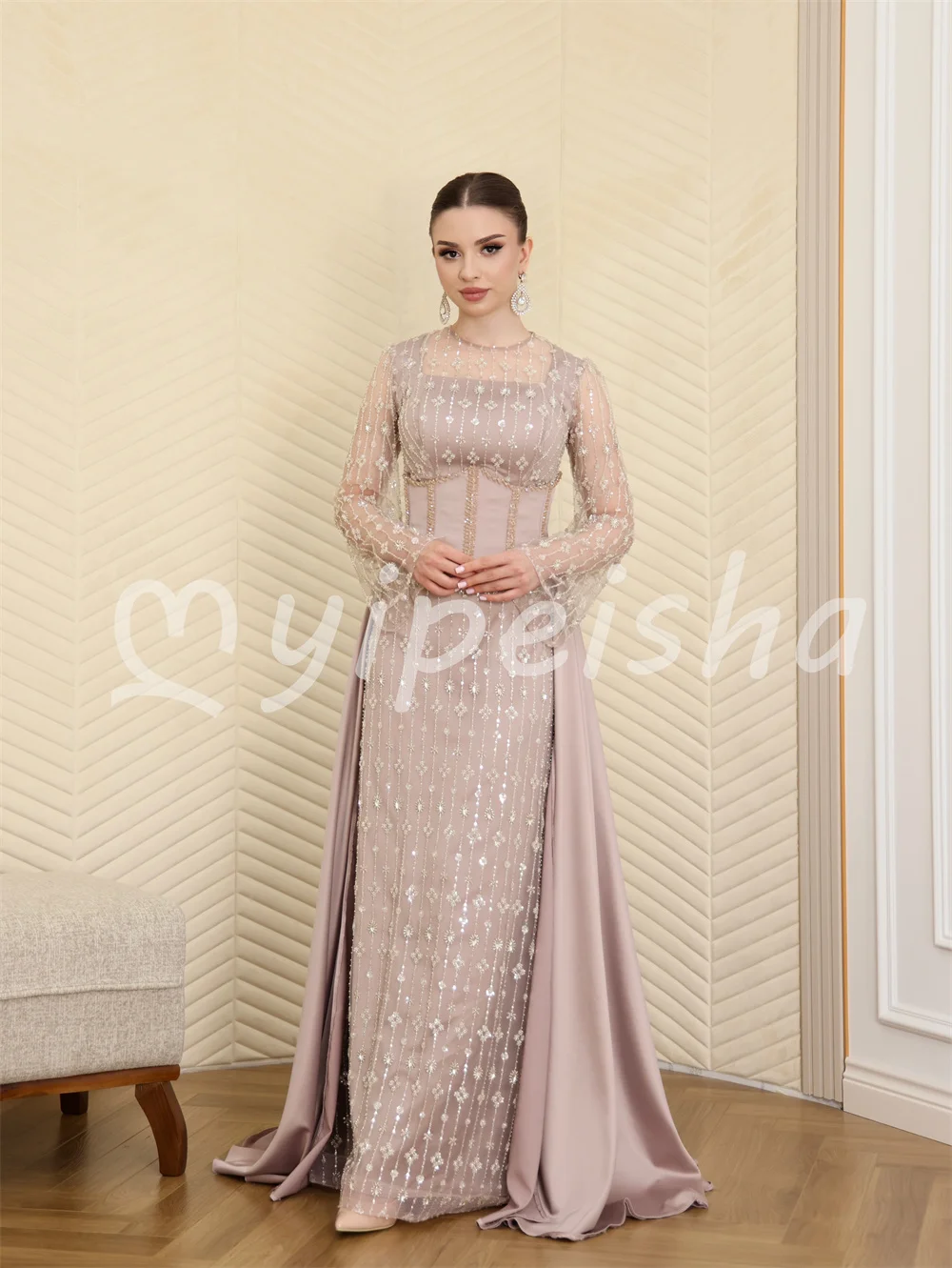 Light Purple Elegant Luxury Charmeuse Beading Sequined A-line Scoop Neck Floor-Length Evening Dresses for Woman Customized