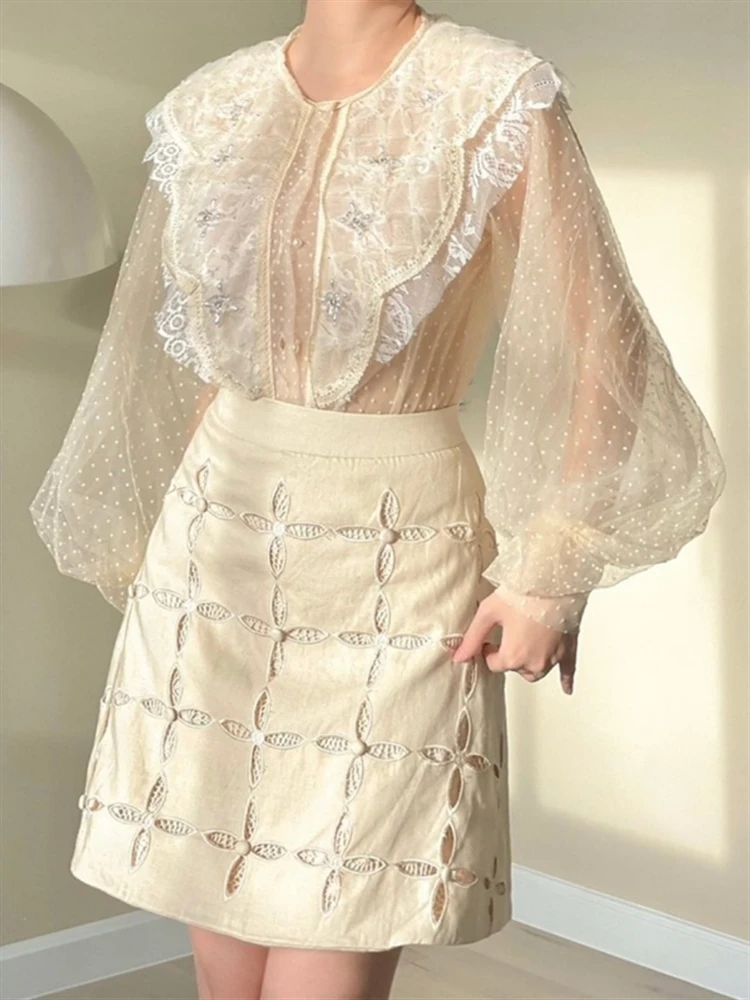 

Two Piece Set Women Fall Winrer Clothes 2022 Solid Aprioct Embroidery Lace Long Sleeve Shirt Female + High Waist Skirt Ser Femme