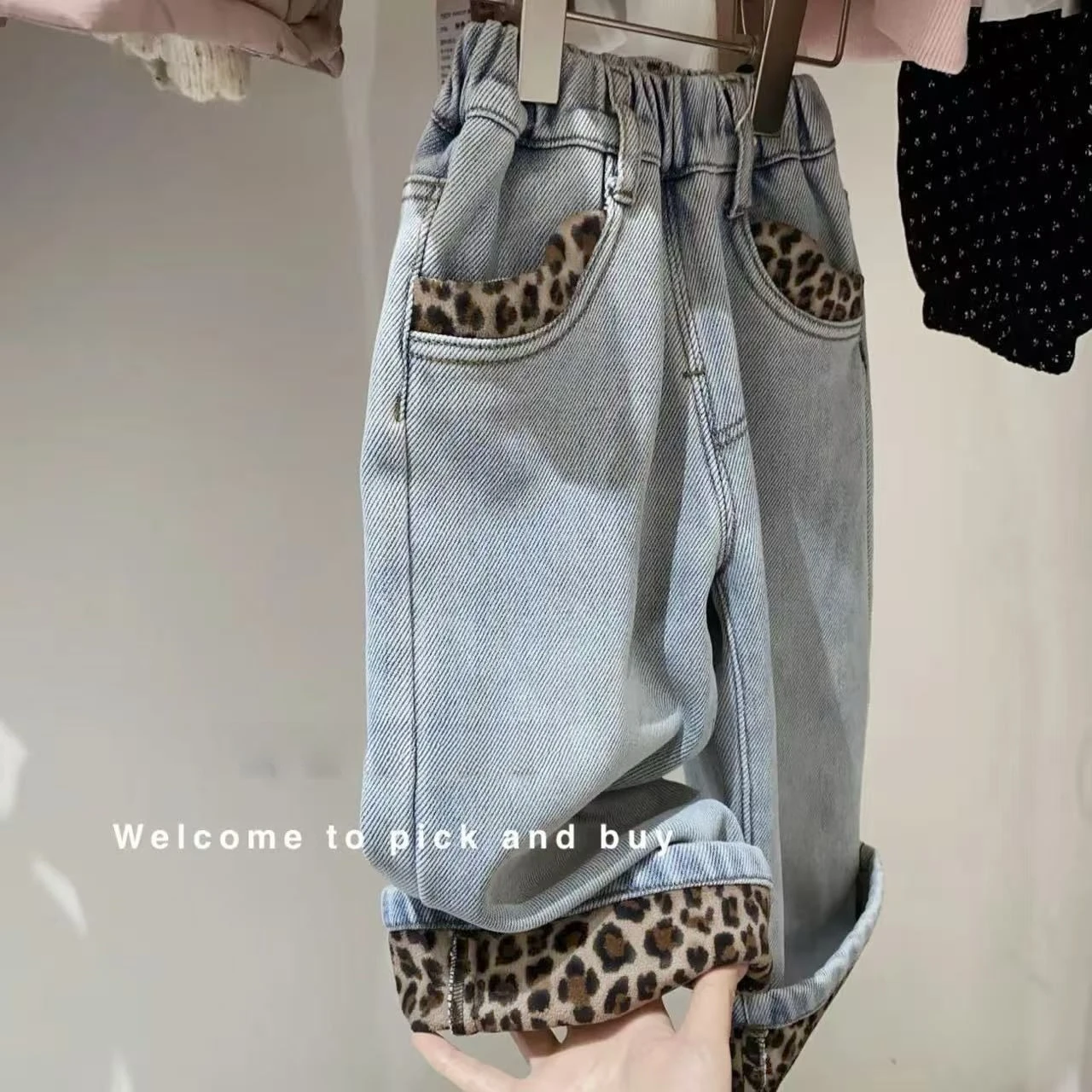 Girls Leopard Jeans Fleece Winter New Thick Integrated Fleece Warm Straight Pants Baby Girl Winter Pants