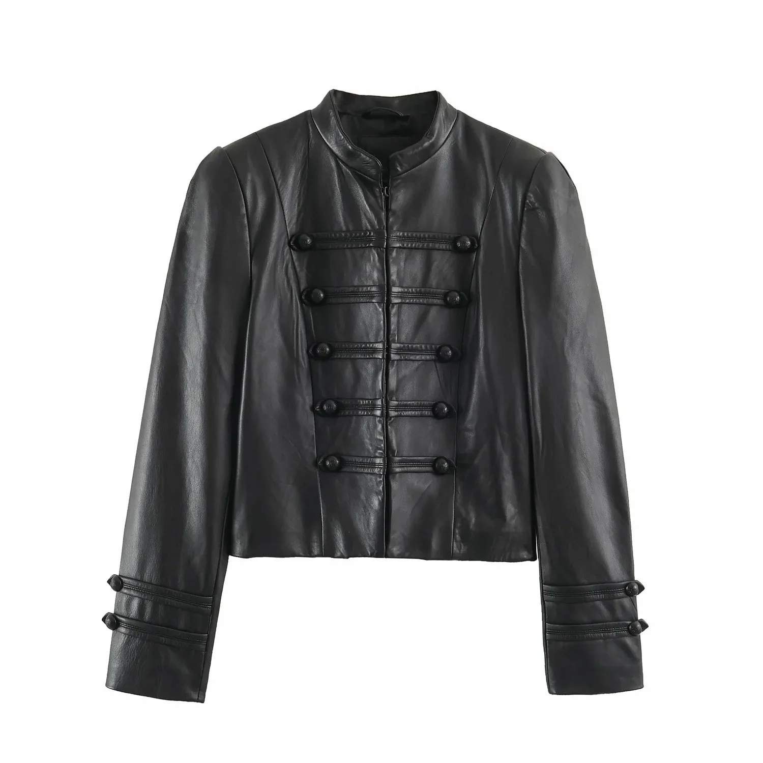 Damen Street-Chic Schwarze Lederjacken für Frauen Langarm Seilknoten Schnalle Kurzmantel 2026 Herbst Casual Neue Oberbekleidung – Detail 2