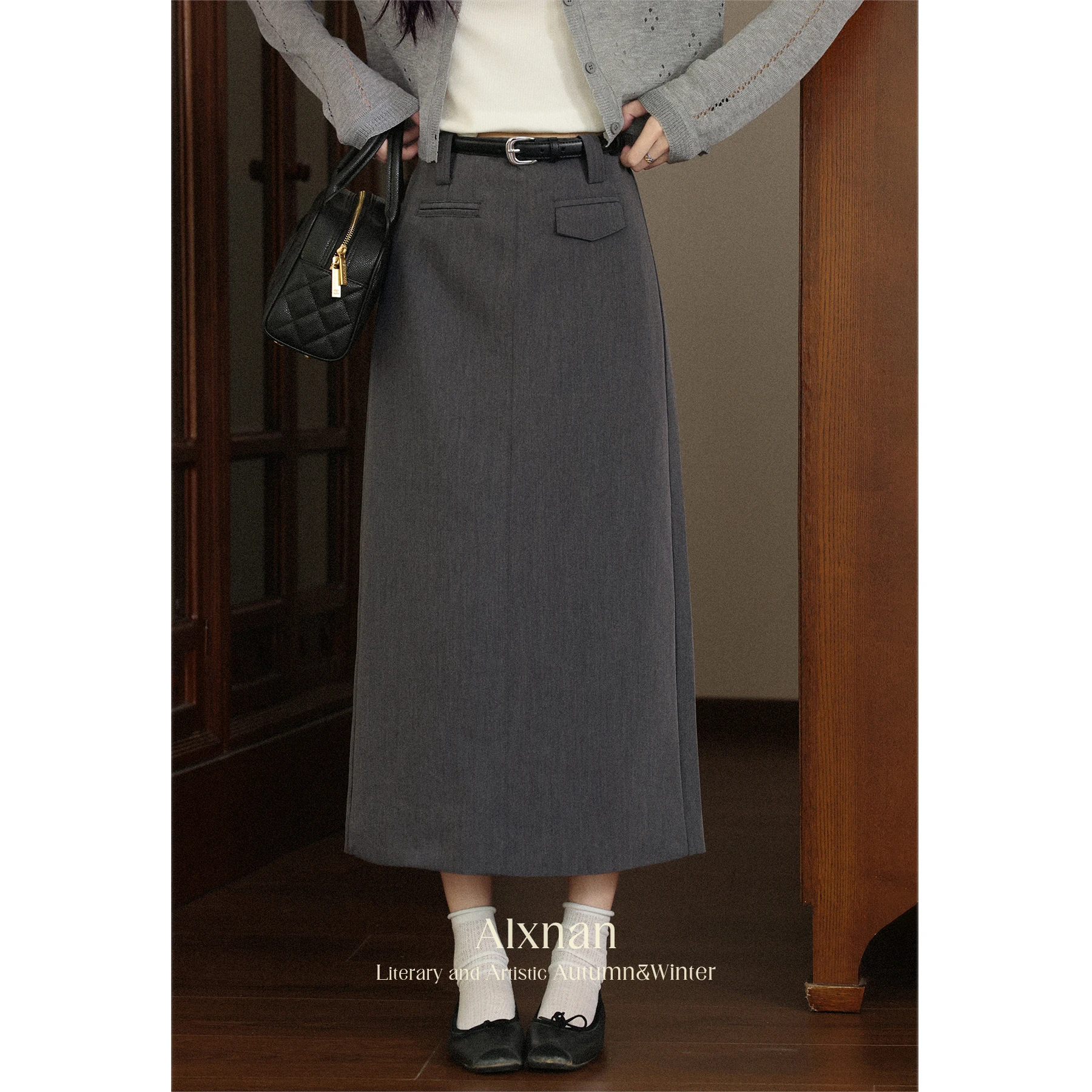 

ALXNAN Gray Women's Skirt Long A-line High-waist Office Lady Skirts 2025 Autumn Fashion Elegant Casual Female Clothing L56753