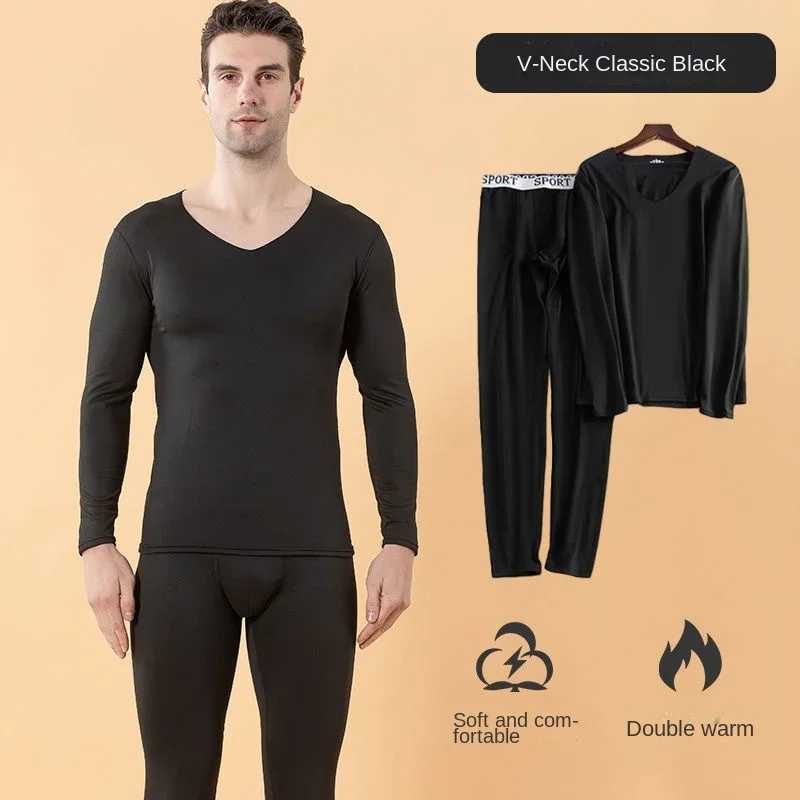 Mens V-neck Thermal Underwear Set Traceless Fleece Slim Comfortable Top & Bottom Set Cold Weather Ultra Soft Thermal Clothes