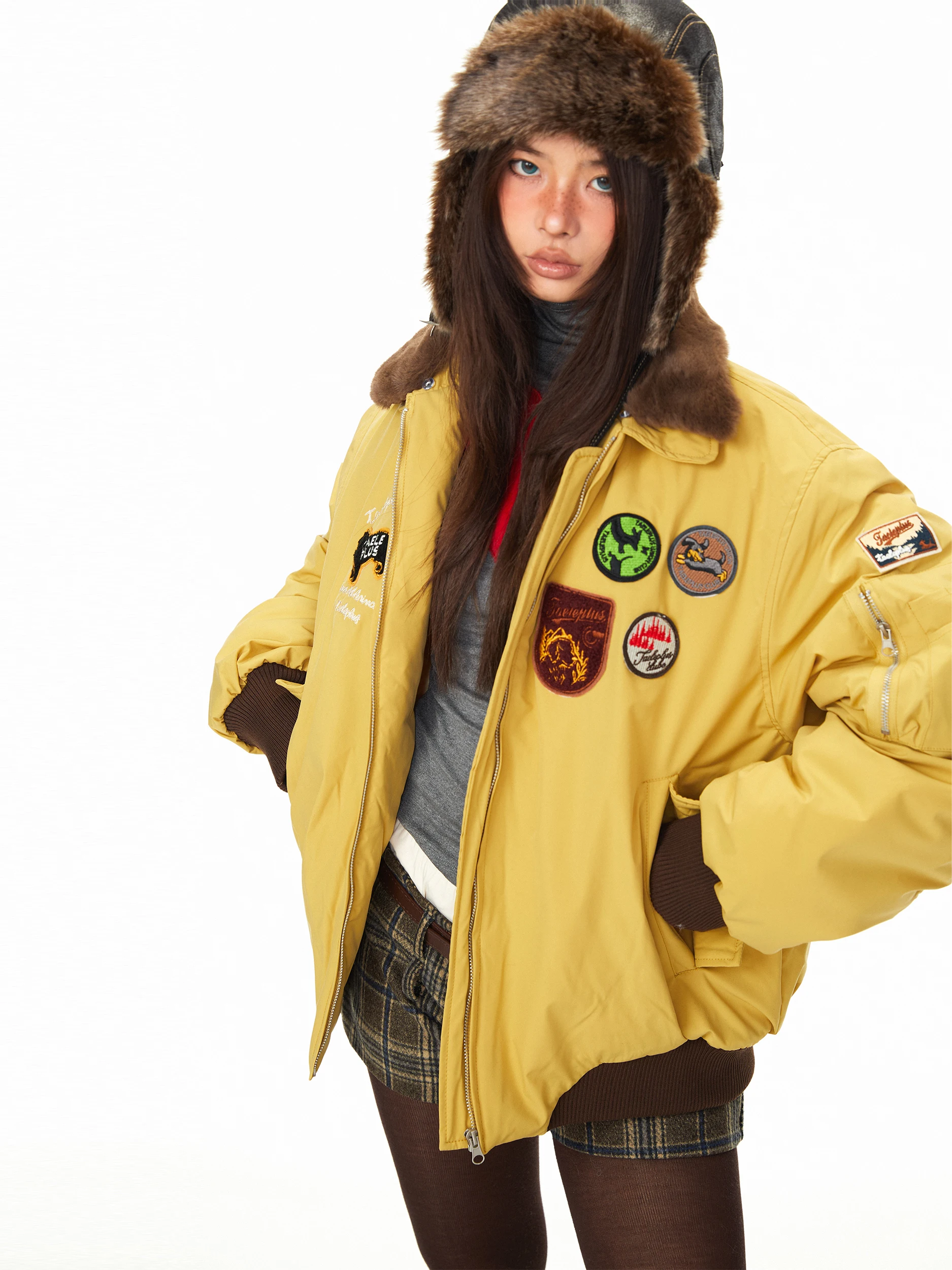 Blackbb Embroidered Patch Label Flight Jacket Thickened Parka Coat Cotton Winter American Trendy Brand with Fur Collar