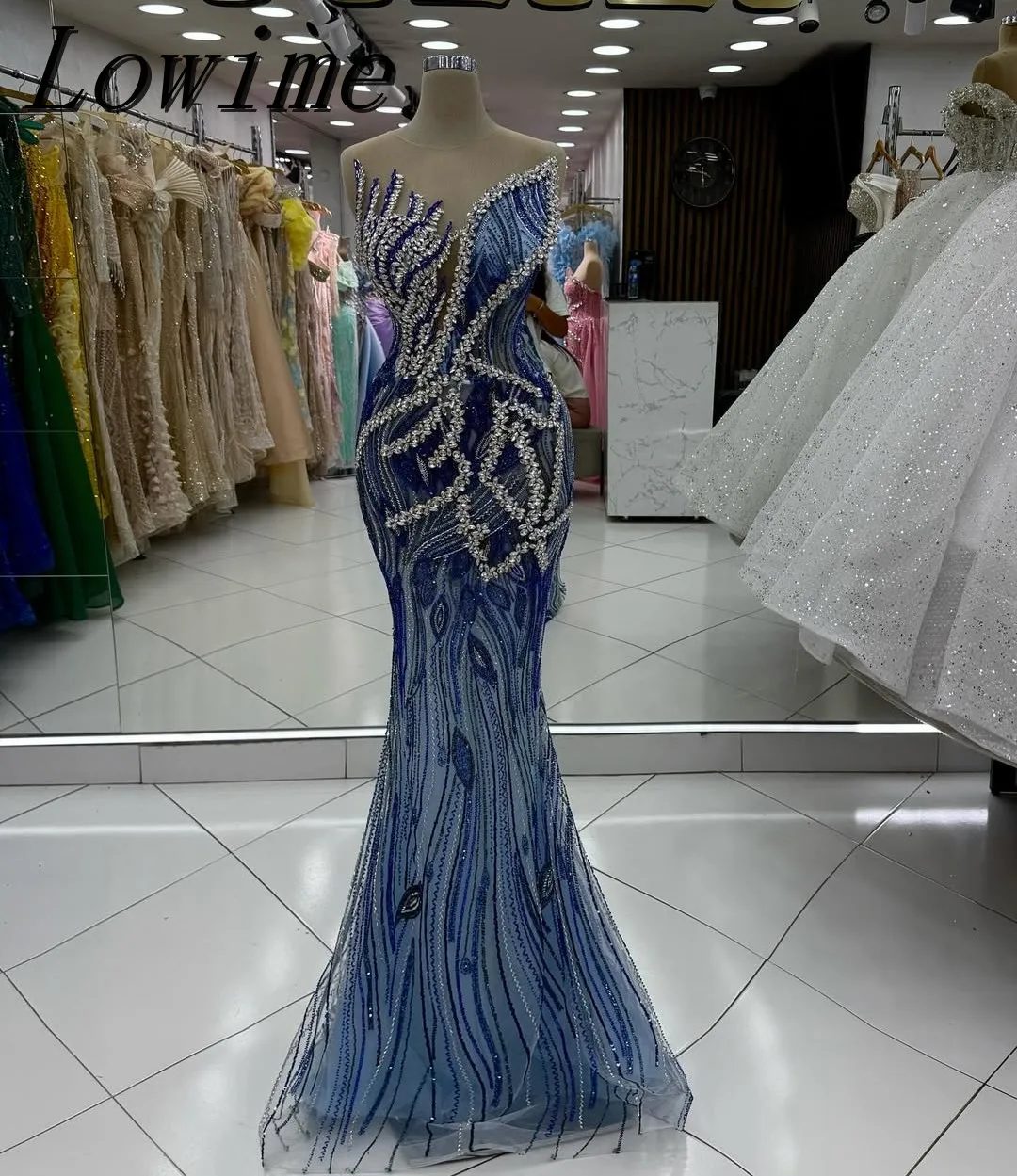 

Navy Blue Mermaid Party Dress with Embellished Silver Crystal Contrast Color Women's Evening Gown 2025