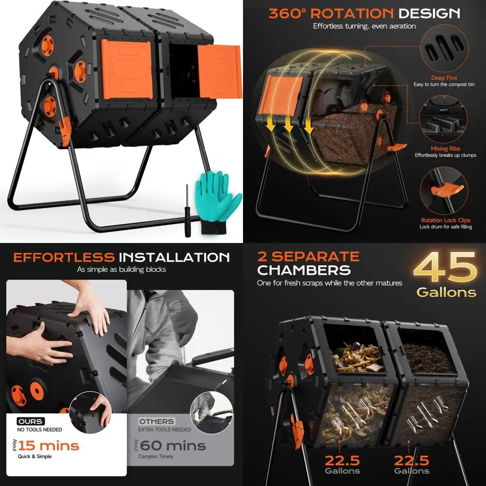 

Outdoor 45 Gallon Dual Chamber Rotating Compost Bin for Efficient Garden Composting and Easy Assembly