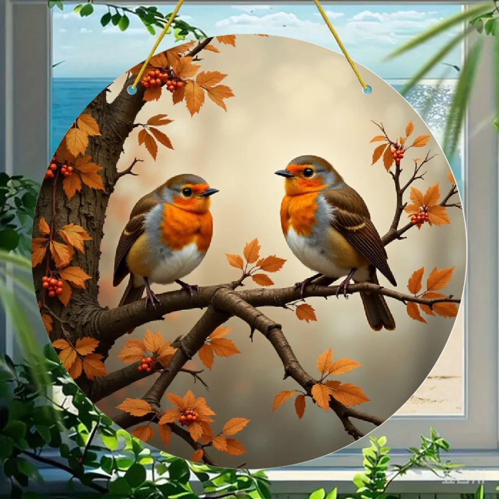 Acrylmalerei im Buntglas-Stil: Paar Europäische Wimpelkäfer auf Herbstzweig, Plastik-Fensterdekoration, 2D Flaches Acryl