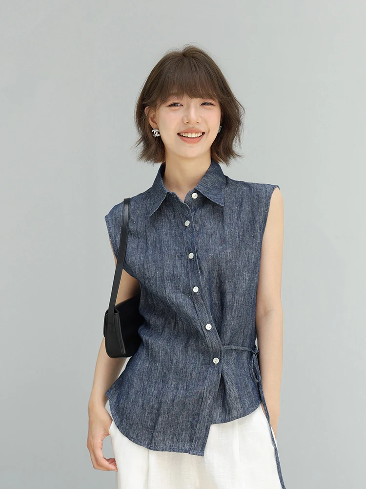 

Универсальная женская рубашка без рукавов из 100% льна с асимметричным поясом, дышащая, на пуговицах, однотонная, в офисном стиле, удобная для повседневной носки