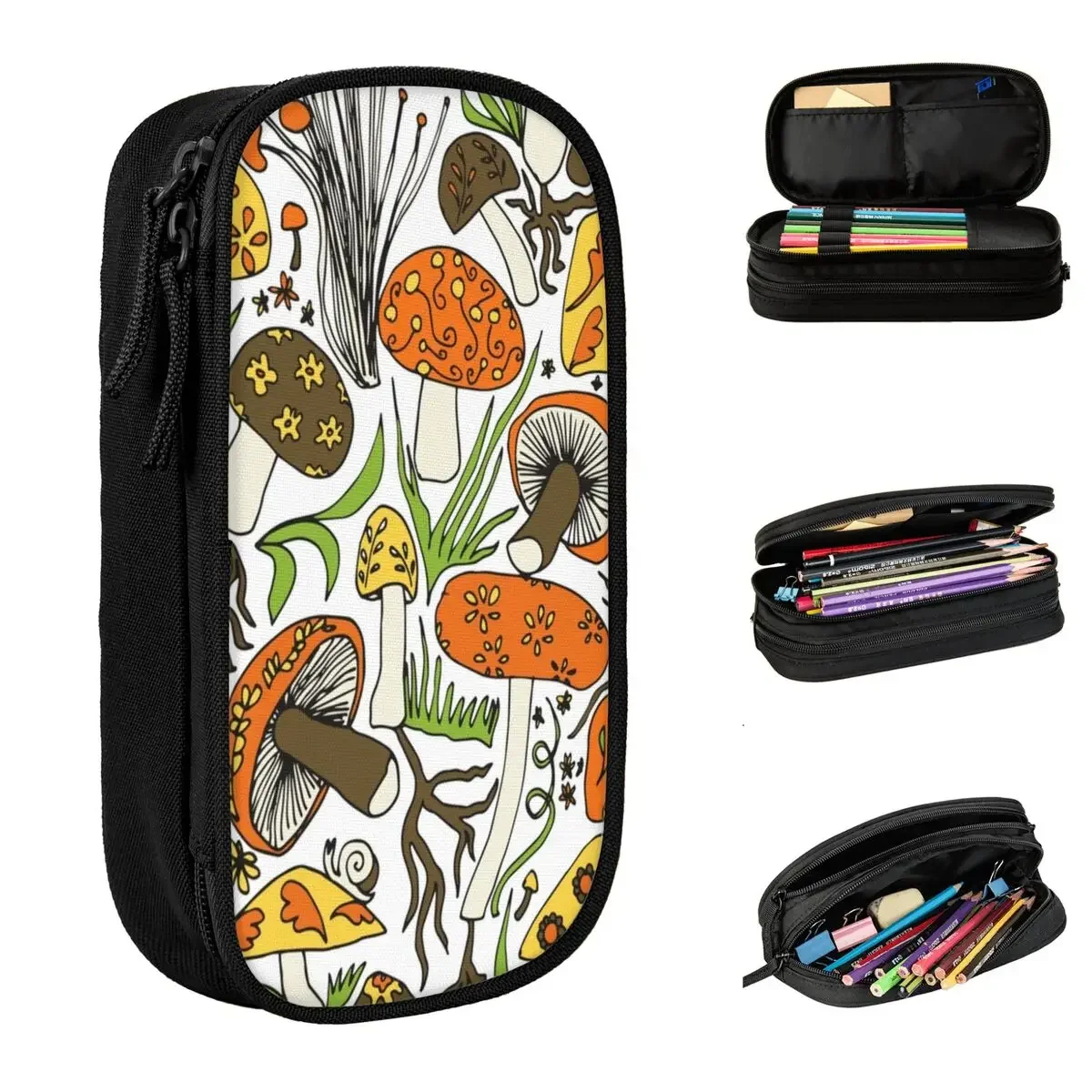 

Mushrooms Drawing Memories 70s Pencil Case Pencilcases Pen Kids Large Storage Bag Students School Gifts Stationery