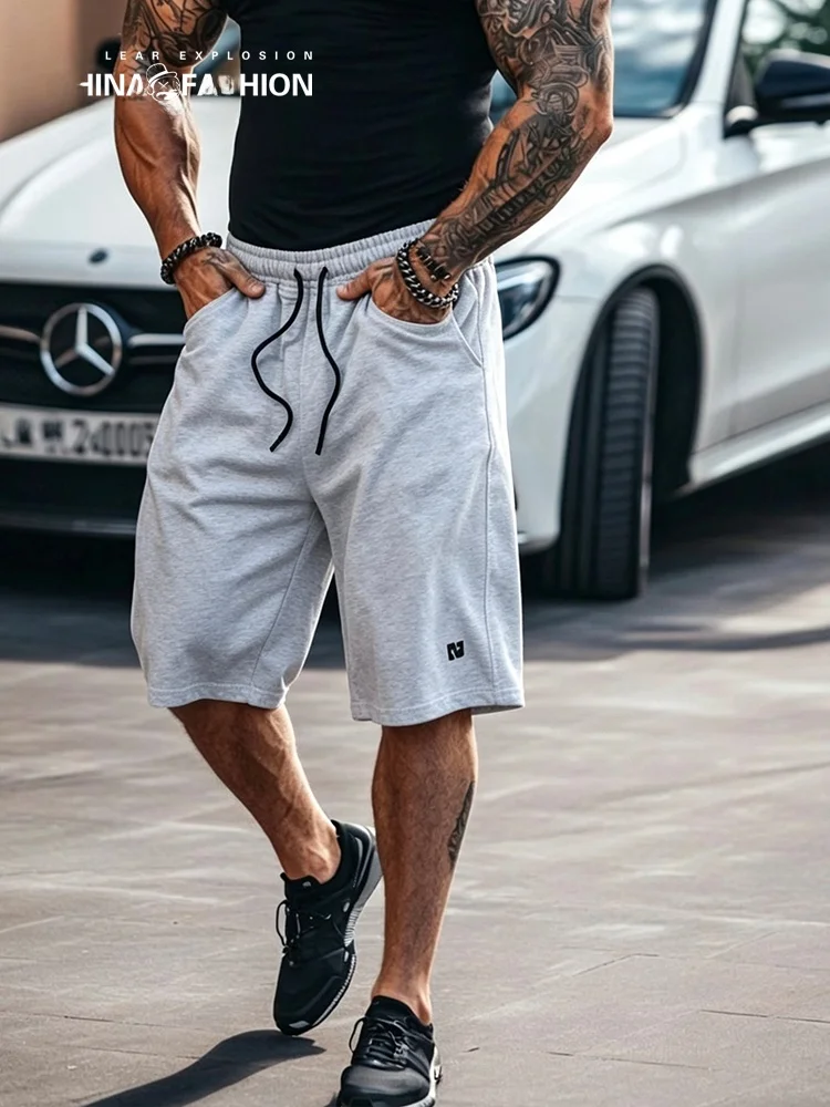 

NE Nuclear Explosion Loose Wide Leg Cotton Shorts Men's Casual Elastic Waist Seven-Quarter Length Grey Loose Fit Street Style