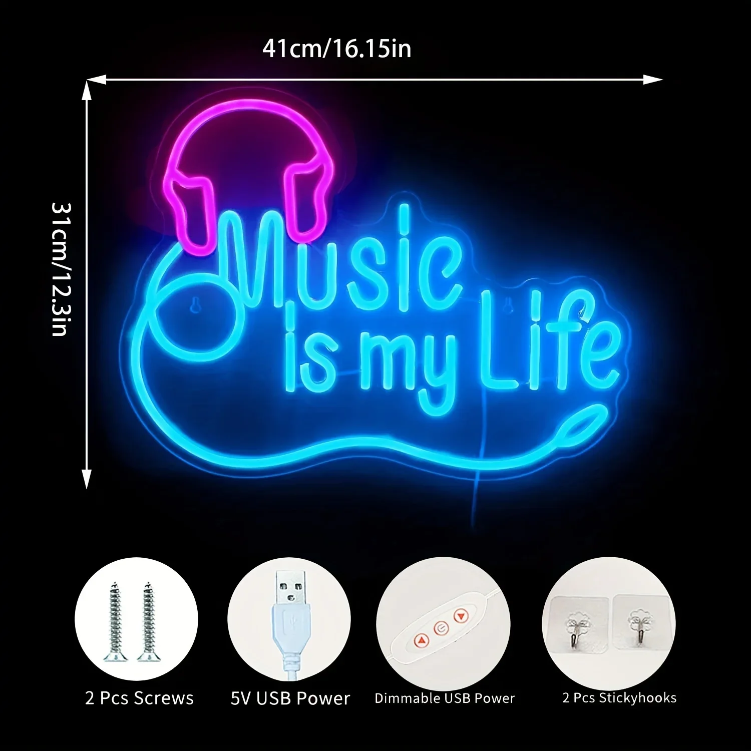 Music Is My Life LED Neon Sign - Headphone Design-Vibrant Bedroom, Studio & Club Decor - Perfect Birthday Gift for Music Lovers