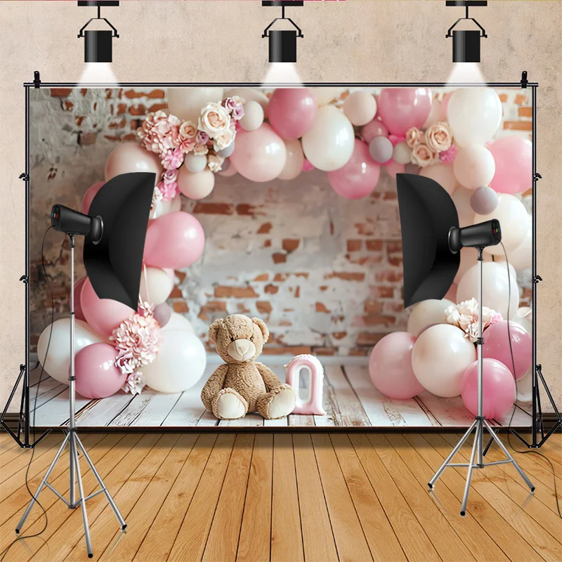 Happy Birthday  Photography Background  Number Pink Bear doll Hydrogen balloon Floral  Baby  Party  Backdrops  SR-77