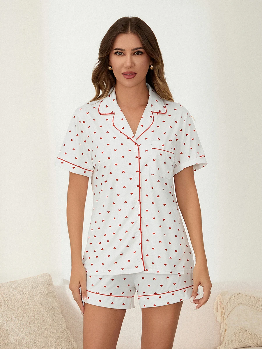 Conjunto de pijamas estampado com coração feminino, roupas loungewear, camisas soltas de manga curta, tops e shorts, roupas de dormir, 2 peças