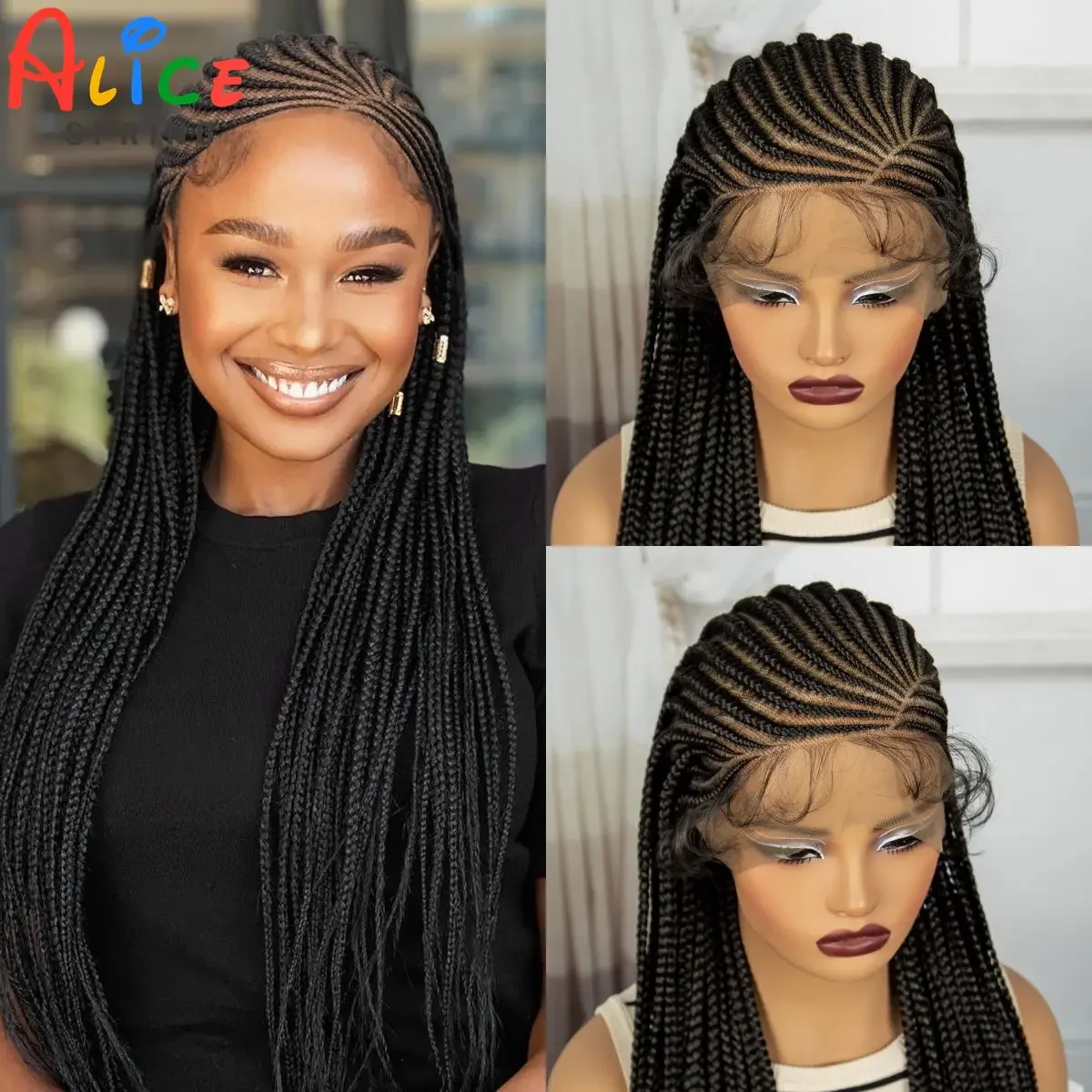 Full Lace Cornrow trançado perucas para mulheres negras, sintético, sem nós, cabelo do bebê, tranças dianteiras, 36"