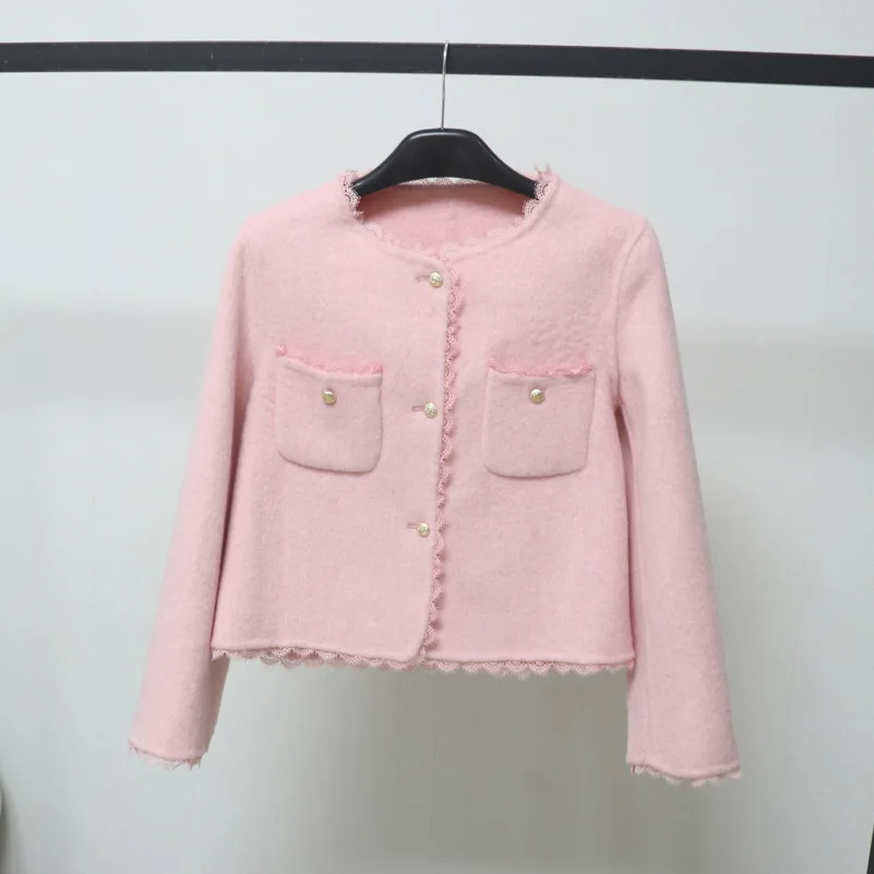 

New Small Fragrance White Woolen Coat Wool Short Style Blends Outwear 2026 Spring Double-sided Woolen Coat for Women