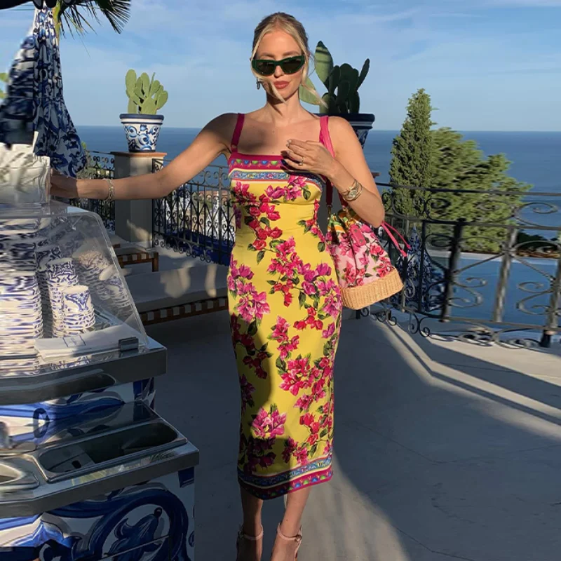 

Adjustable Wide Straps Printed Sleeveless Backless Dress Square Neck Straight Midi Long Skirt 2025 Summer Fashion Women Clothing