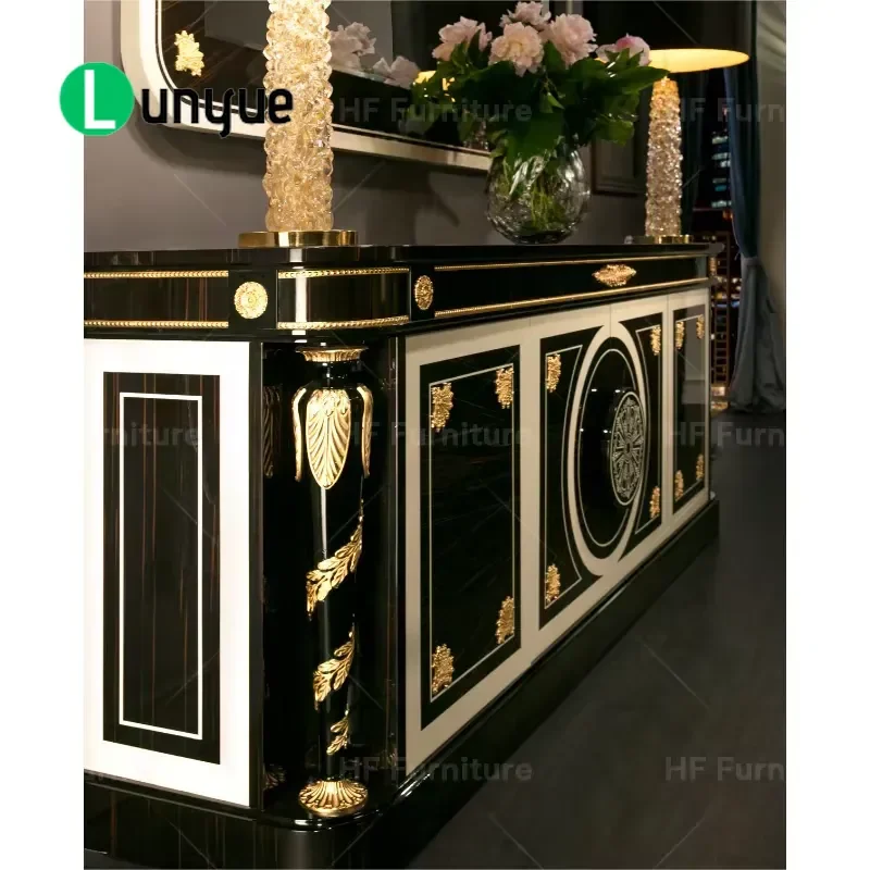 French Antique Style Sideboard Black and Gold Dinner Cabinet with Mirror High Quality Storage Furniture for Dining Room