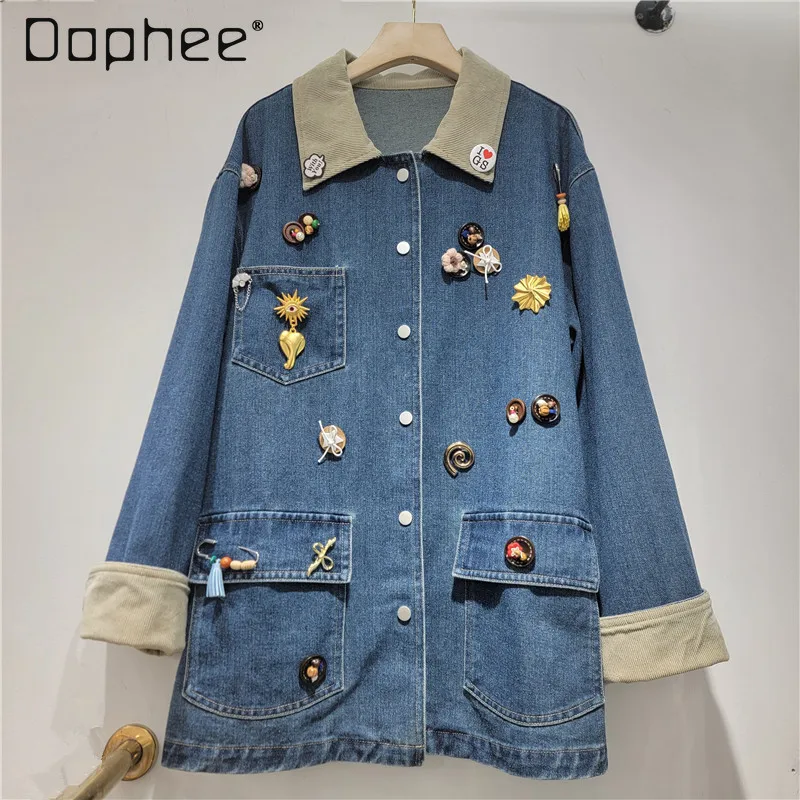 

Heavy Industry Three-dimensional Decorative Denim Long-sleeved Jacket Korean Ins Casual Loose Lapel Classic Single-breasted Coat