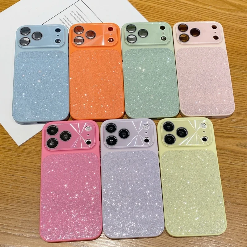 Modische Glitzer-Bling-TPU-Handyhülle für iPhone 17 13 14 15 12 11 16 Pro Max mit Glas-Aurora-Kameralinsen-Schutz und stoßfester Abdeckung