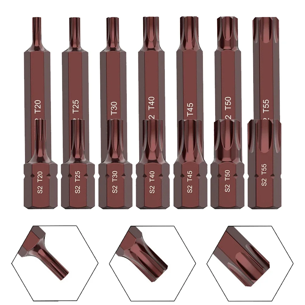 7pcs 30/75mm Torx Screwdriver Bit Set Alloy Steel Head Hex Shank Screwdriver For Impact Screwdriver T20/T25/T30/T40/T45/T50/T55