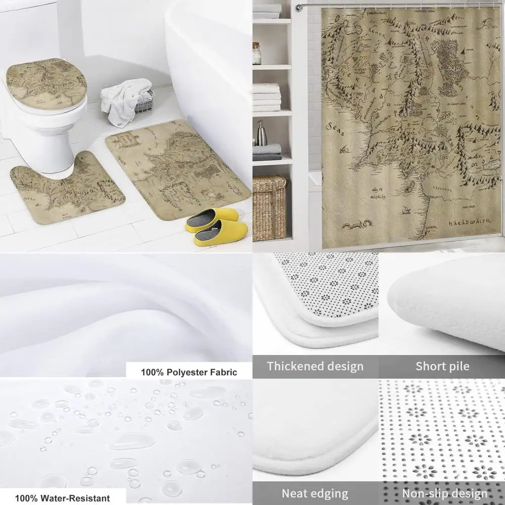

Middle Earth Themed Shower Curtain Set with Non-Slip Rug, Waterproof Toilet Lid Cover, Bath Mat, and Hooks for Bathroom Decor, 7