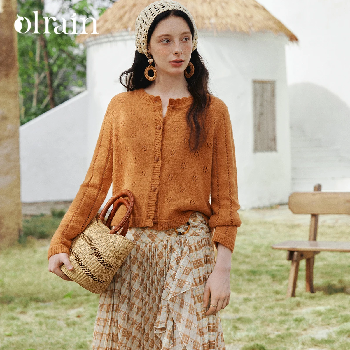 

OLrain Women's Knitted Orange Cardigan 2026 Spring Knitwear Bohemian Hollow Crochet Crew Neck French Knitted Top O58CZ003380