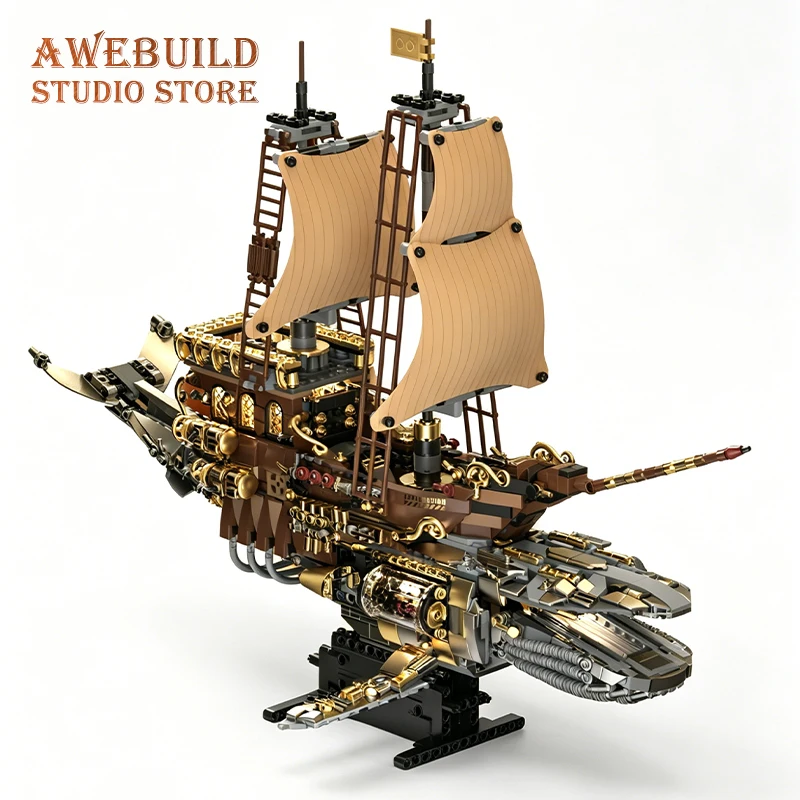Vintage Steampunk Mecha Whale Ship Building Blocks 1979pcs Retro Steam Boat MOC Bricks Toys Sci-Fi Sailboat Model Birthday Gifts
