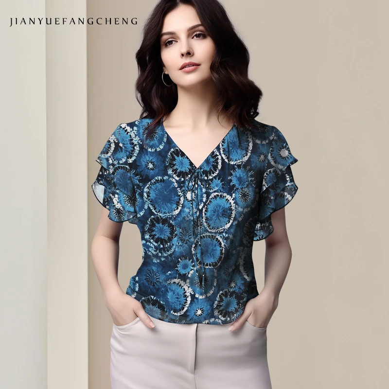 

Womens Summer Short Sleeve v-neck Chiffon Print Tops Chic Jellyfish Pattern Printed Ruffles Flying Sleeve Blouses