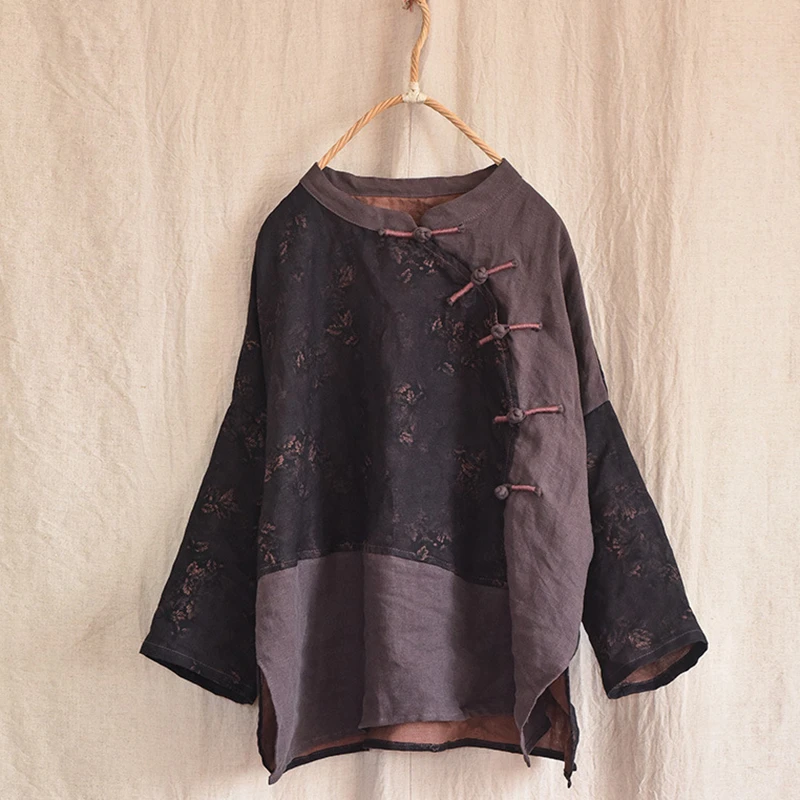 Chinese Style Women Cotton Linen Casual Shirt New 2025 Spring Vintage Style Patchwork Print Loose Female Tops Shirts M788