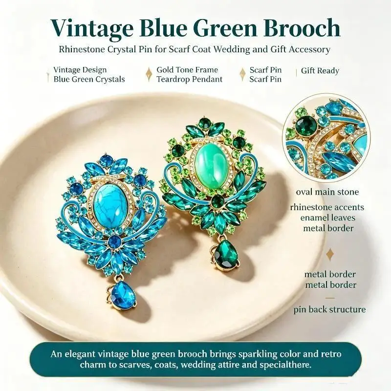 Vintage Sparkling Rhinestone Brooches With Blue Green Delicate Gold Plated Design For Wedding Party Daily Wear Accessories
