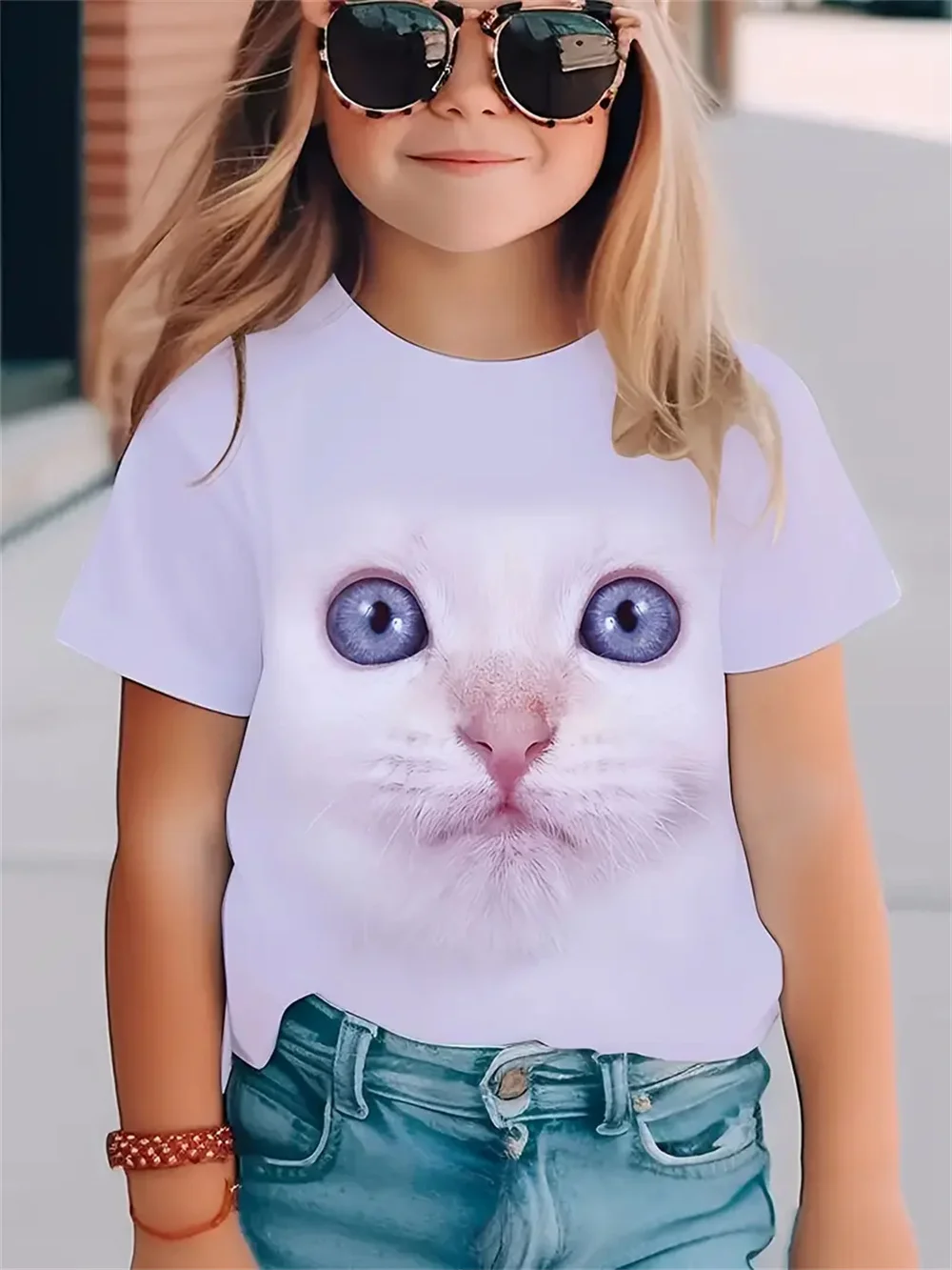 女の子用半袖Tシャツ,3Dプリント,漫画,猫,漫画,カジュアル,ファッション,夏,2025