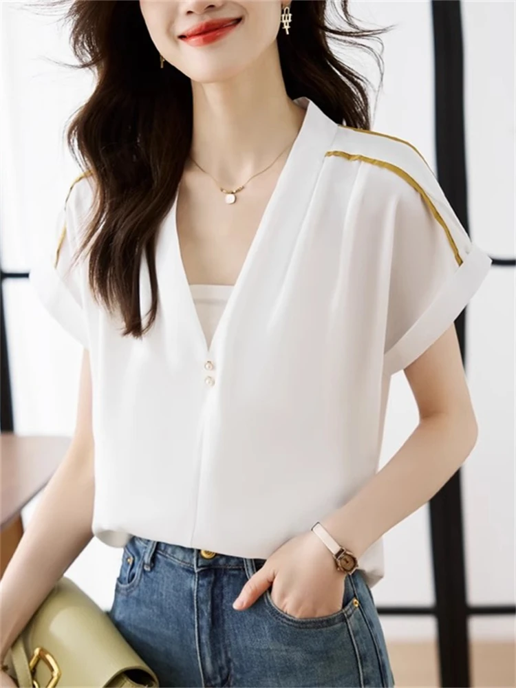 

Ele V-Ne Silk Loose ort Sve Top Faionable Gathered Design Flng Sve Casual Wear Commute Sle Pure Color